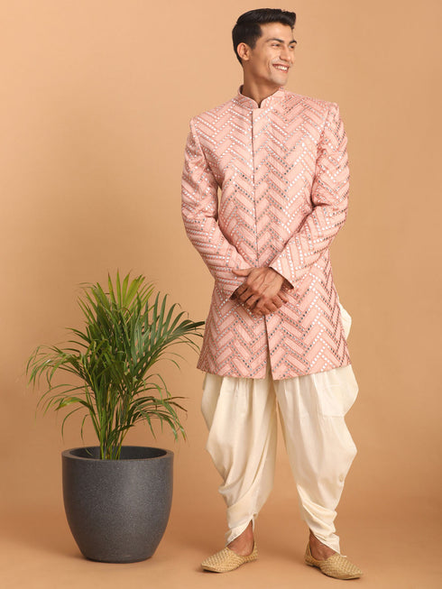 Men's Pink Mirror Indo Western Sherwani With Dhoti Set